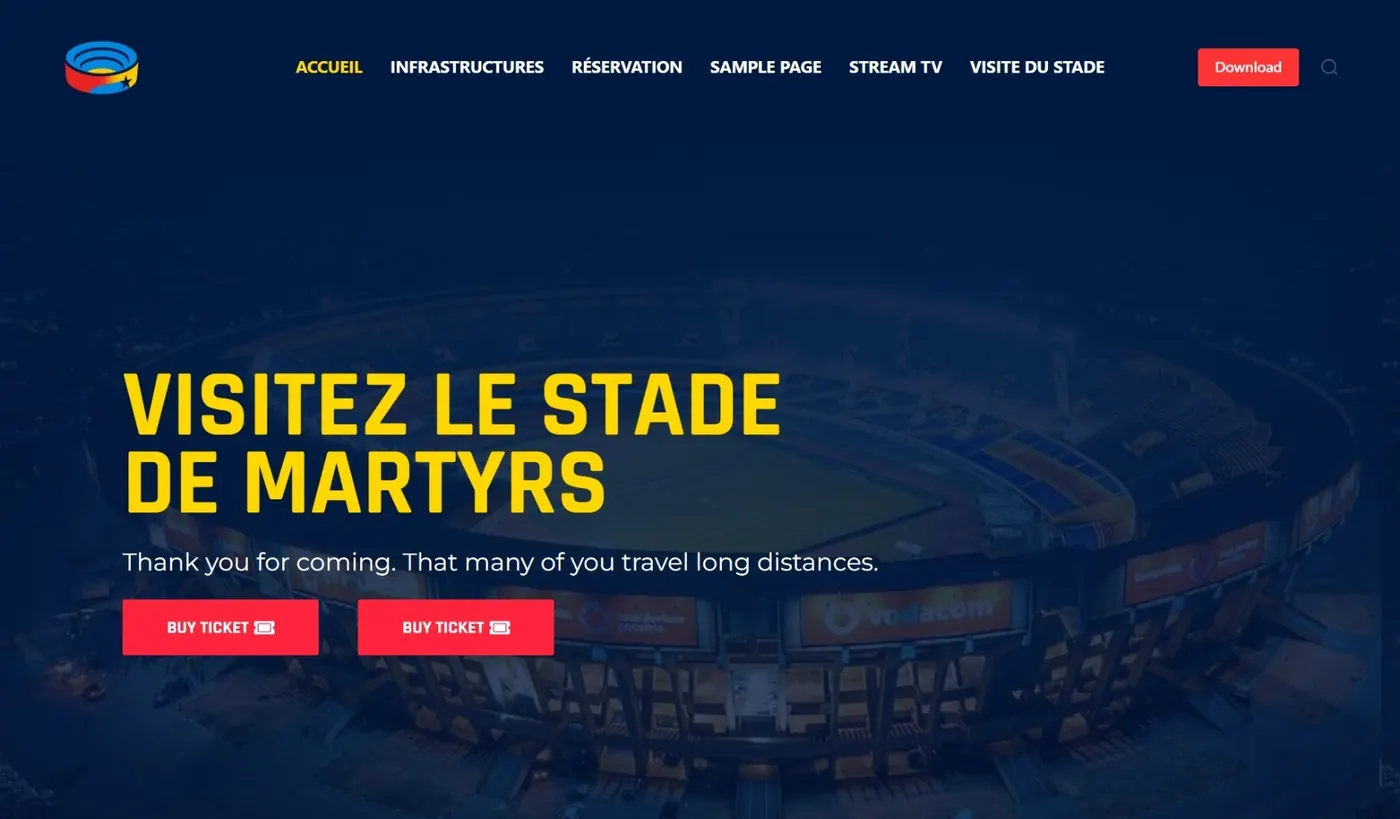 Page d'accueil du site du Stade des Martyrs, à Kinshasa